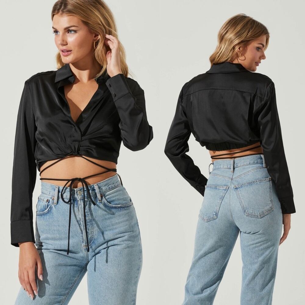 ASTR THE LABEL • Black Perry Satin Wrap Front Tie Waist Long Sleeve Top